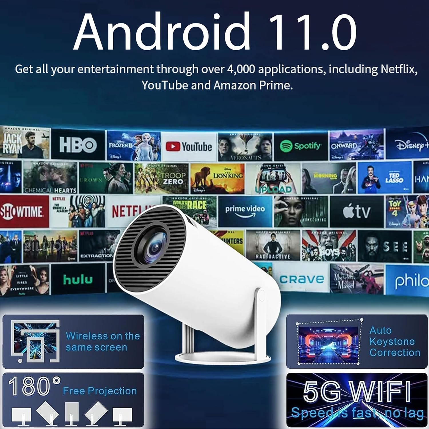 4K Portable Smart HD Projector with WiFi & Bluetooth Android 180°